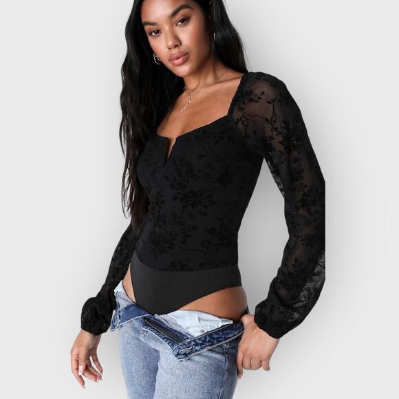 Lulus Regal Rendezvous Floral Bodysuit | Medium Black Mesh Long Sleeve Velvet - Picture 9 of 11